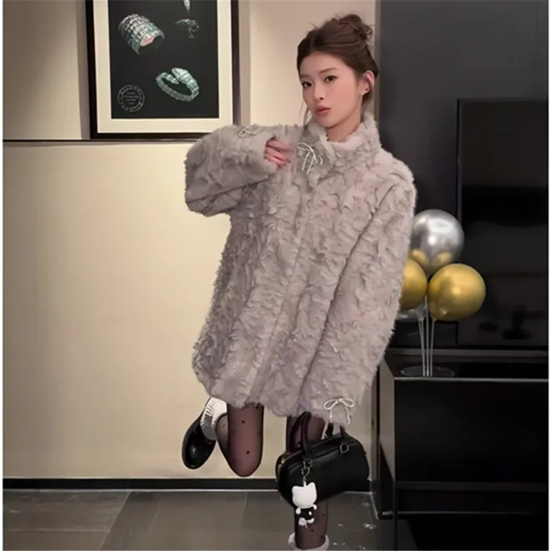 Faux Lamb Fur Coat for Women, Long  Jacket,England Style Overcoat,Female Tops, Luxury Designer Clothes,New, Winte,2024