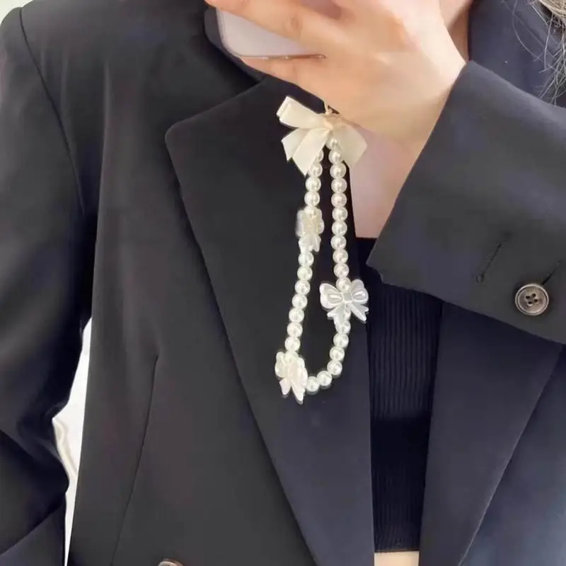 9HJK Pearls Bead Phone Pendant Bowknot Phone #4