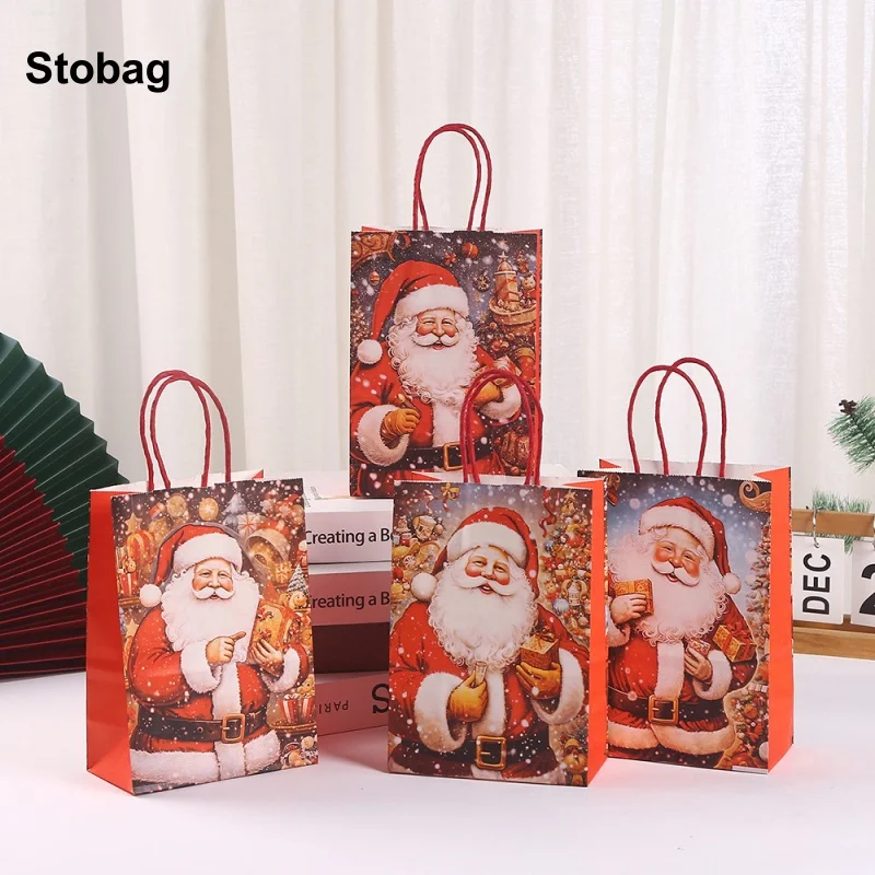 

StoBag 24pcs Merry Christmas Kraft paper Gift Bags Santa Claus Tote Packaging Kids Children for Candy Storage Pouch Party Favors