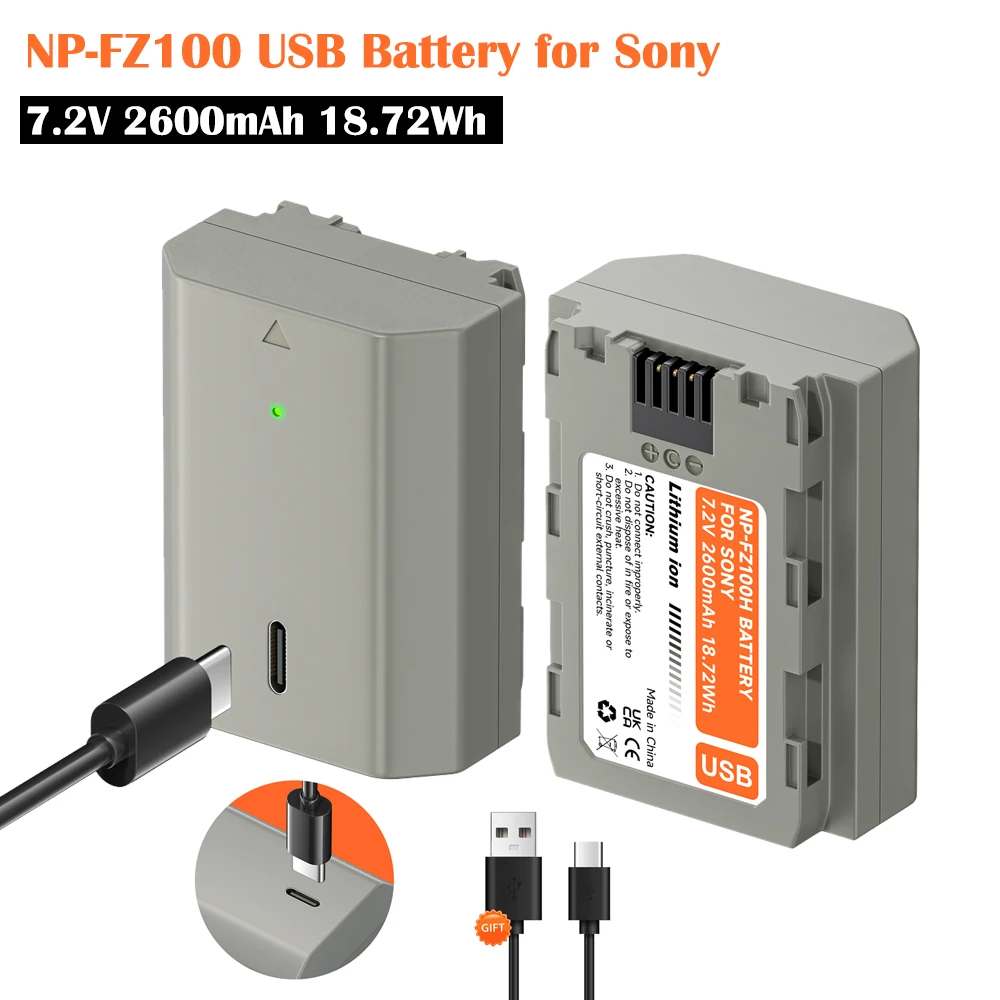 NP-FZ100 NP FZ100 Akku + 5V 2A USB-C Port 2600mAh NPFZ100 Bateria für Sony A7 III Alpha A7R III A7R IV A7M4 A9 A9R FX30 A6600