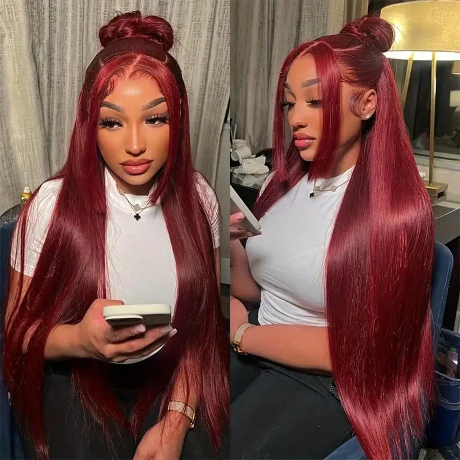 200 Density 99J Burgundy 13X6 Hd Lace Frontal Human Hair Wig Straight Human Hair Wigs 13X4 Brazilian Red Colored Hair For Women view 2