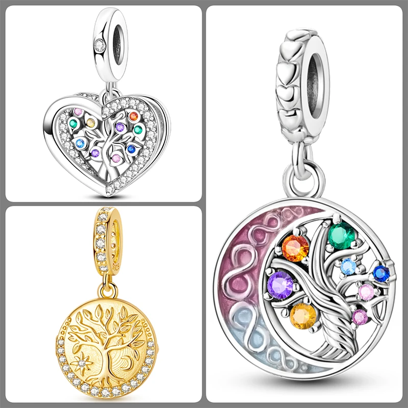 3-teiliges 925 Sterling Silber Lebensbaum-Charm-Set Familienbaum Herz Mond Sonne Schmetterling DIY Original Armband Halskette für Frauen – Detail 12