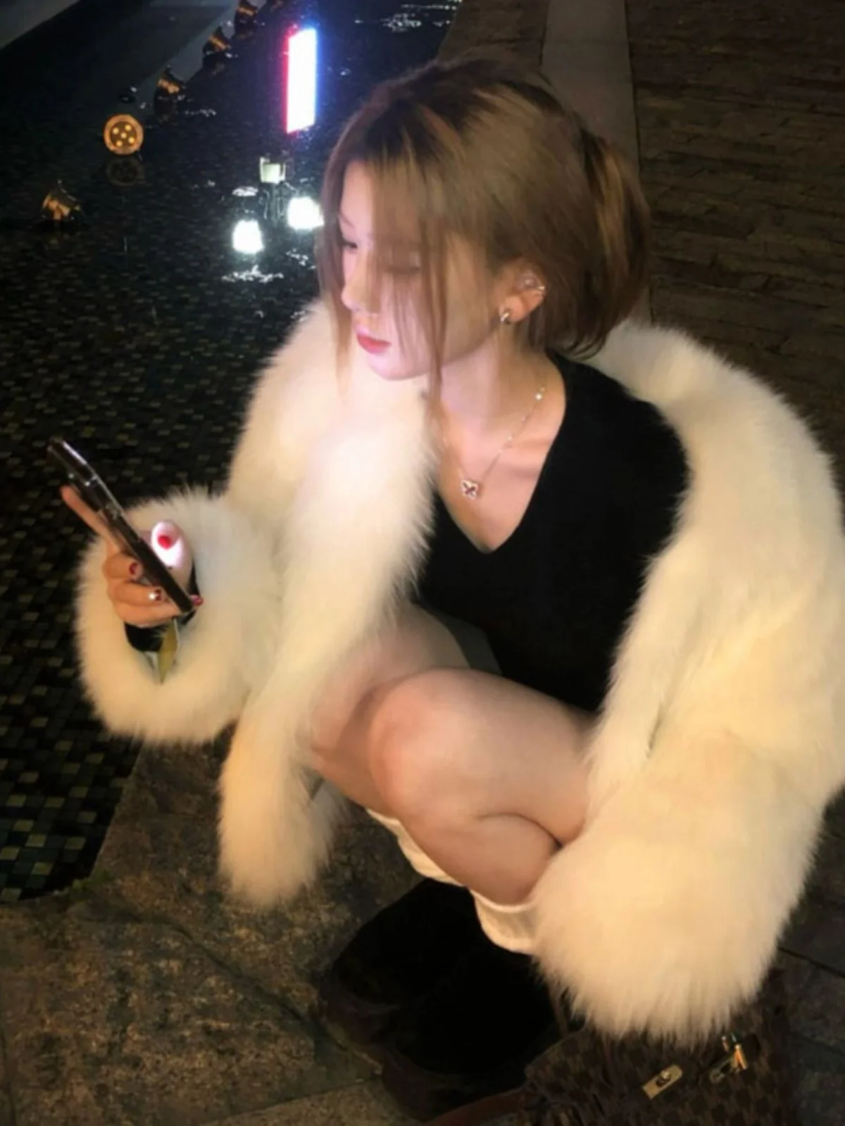 

Young Women's Short Fur Coat Warmth Outerwear Korean Style Long Sleeve Pure Color Spring Autumn Fashionable Casual Coat