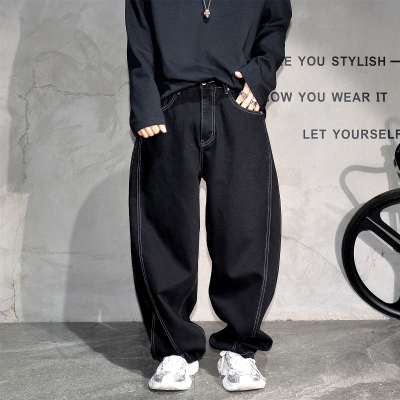 

Men's Black Wide Leg Curved Jeans Fashion Streetwear Loose Straight Pants Simple Casual Denim Trousers