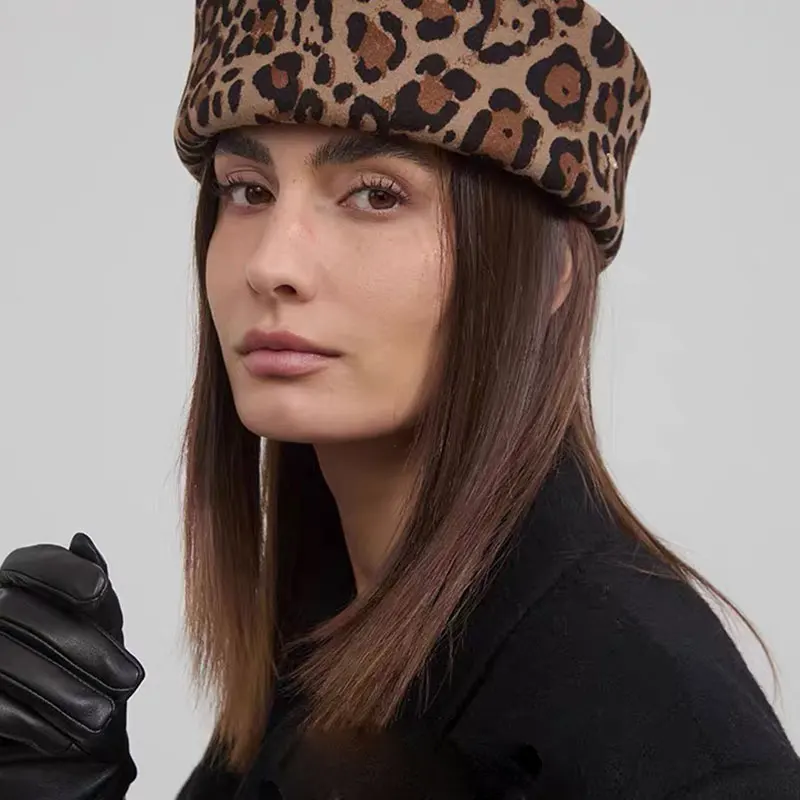 Retro Flight Attendant Customized Leopard Print Hat Ladies Wool Felt Beret Party Charming Hat Wedding Cocktail Party Pillbox Hat