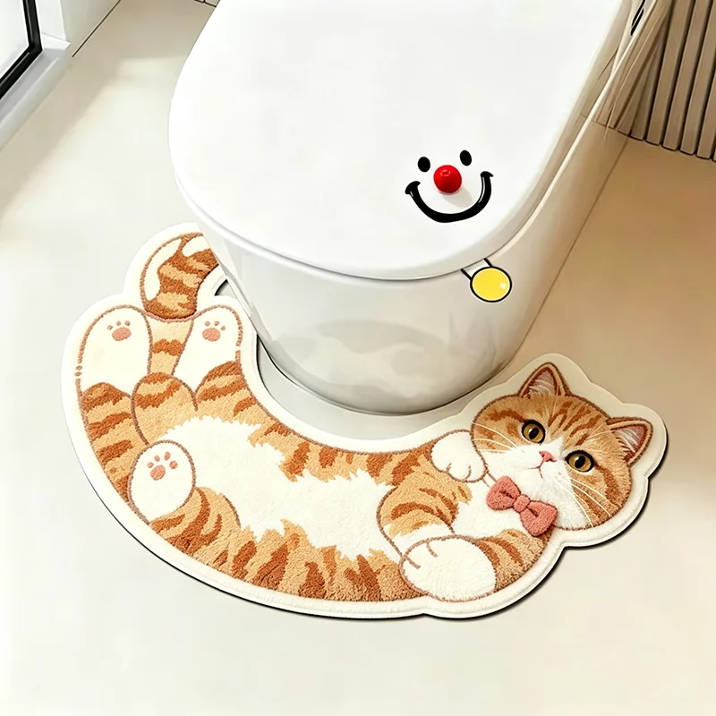 Cartoon Orange Cat U‑Shaped Toilet Bath Mat Cute Bow‑knot Kitten Irregular Plush Bathroom Floor Mat Soft Fluffy Rug for Bathroom