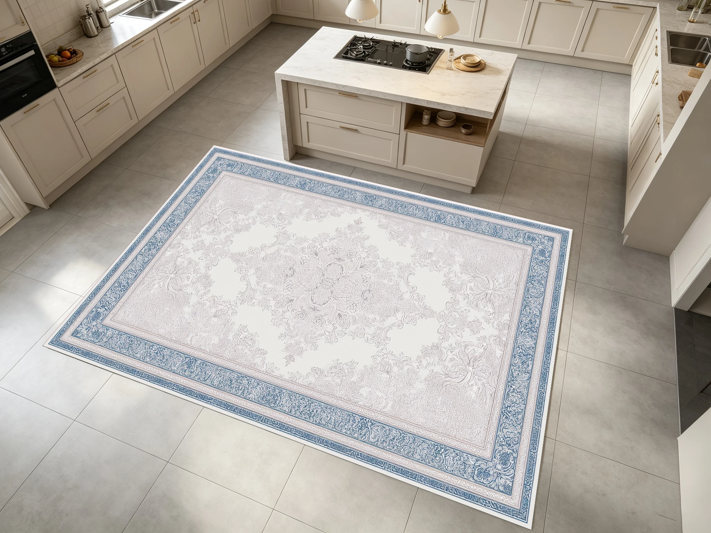 2D Large Rug with Blue Frame & Beige Background, European Pattern, Light Luxury Retro Style, Smooth Underfoot, Suitable
