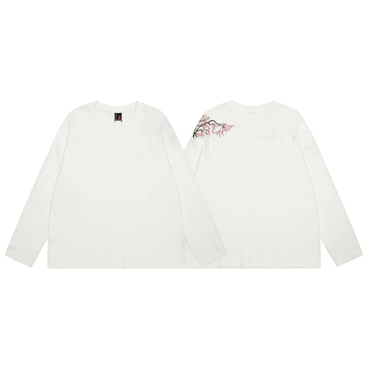 

Derschutze Высококачественная футболка унисекс с длинными рукавами и вышивкой вишневого цвета вафельного плетения