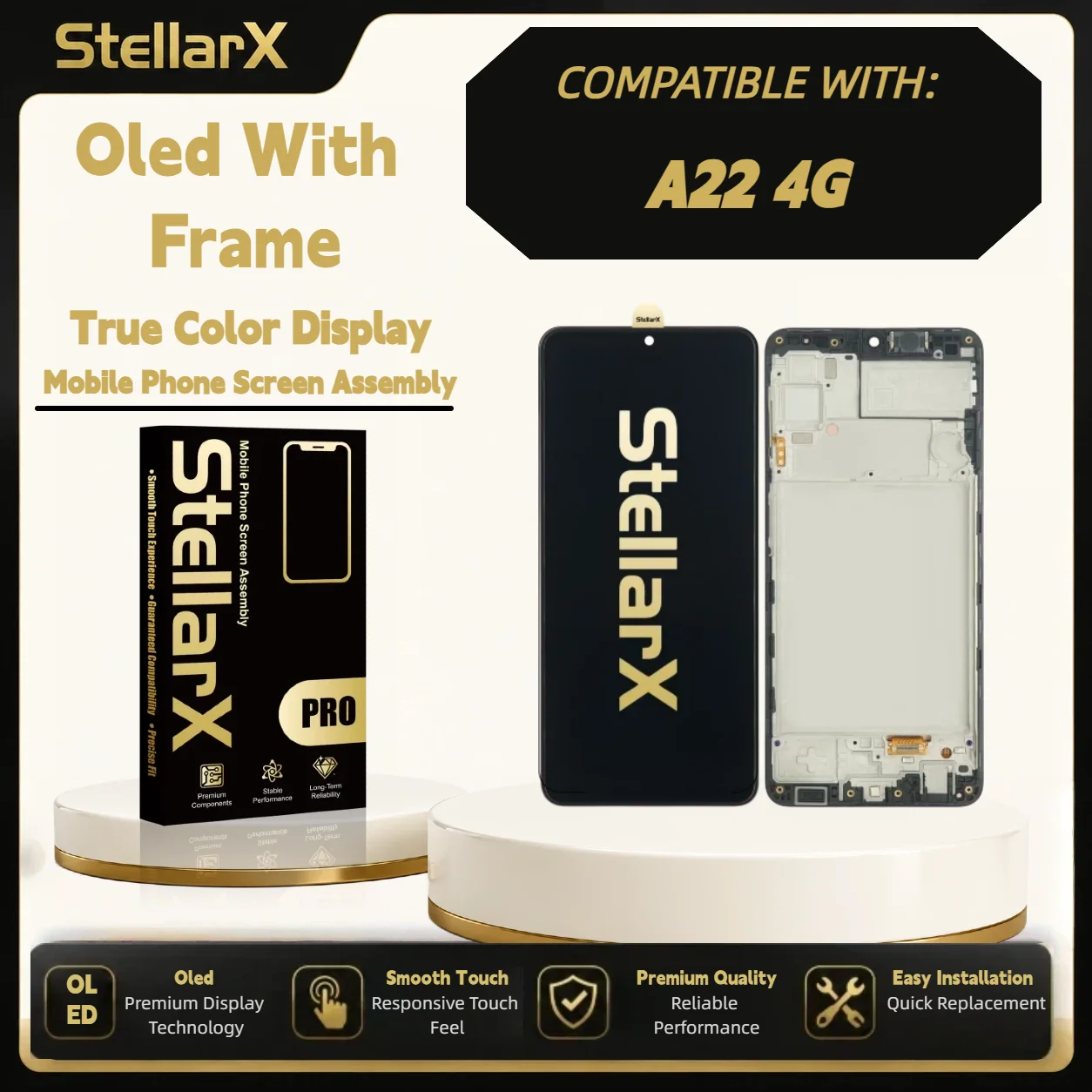 StellarX Display for Samsung A22 4G Oled with Frame Screen Replacement  with free tools OLED Display Assembly Repair Parts ﻿