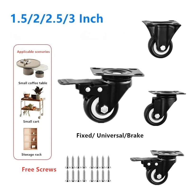 4 Pcs 1.5/2/2.5/3 InchFlat Black Caster Screw Universal Wheel with Brake Furniture Bearing Roller Silent
