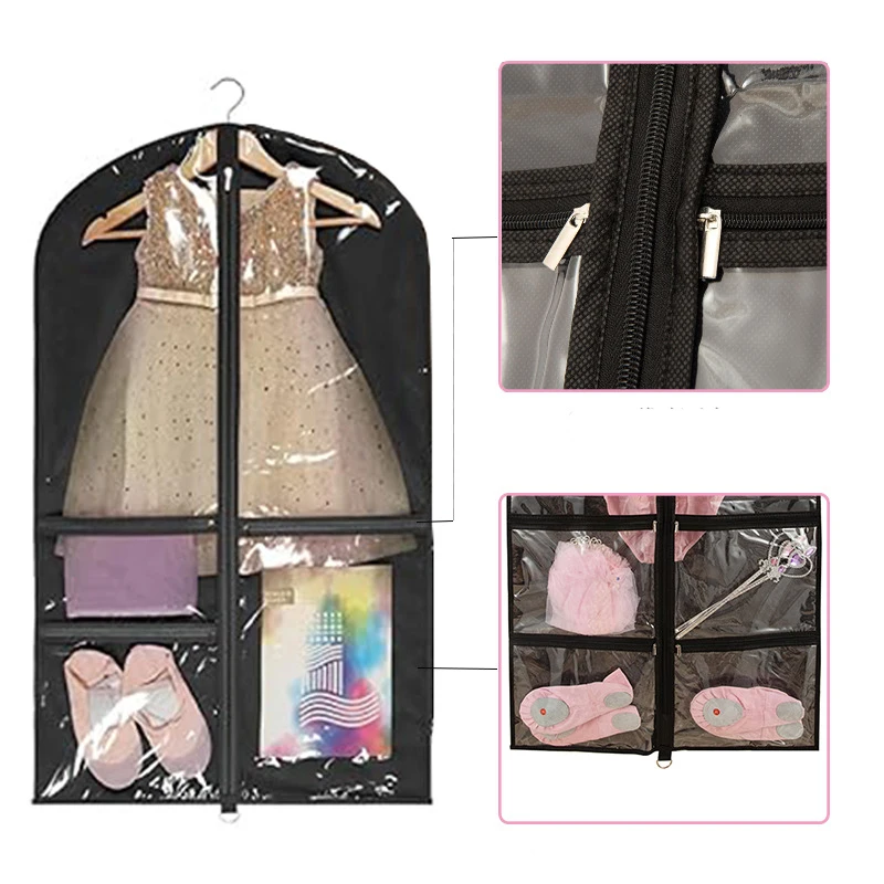 Breathable Non-woven Dance Costume Bags Waterproof Dustproof PVC Garment Bag Hanging Clothes Dance Competitions With Zip Pockets