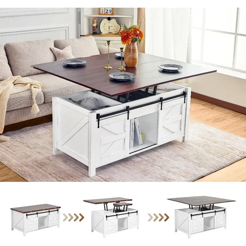 Farmhouse Lift Top Coffee Table, 3 in 1 Multi-Function Convertible Coffee Table with Storage and Hidden Compartment