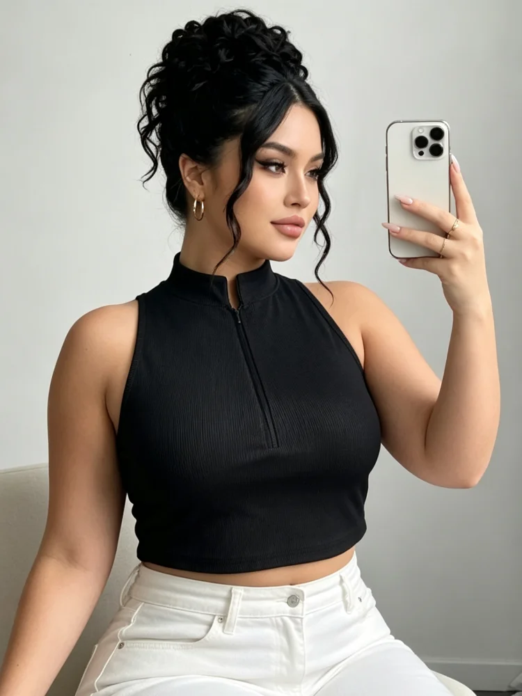 Plus Size Women Tank Top Halter Mock Neck Half Zip Ribbed Cropped Slim Fit Sleeveless Tops Summer Daily Casual Wear image 6