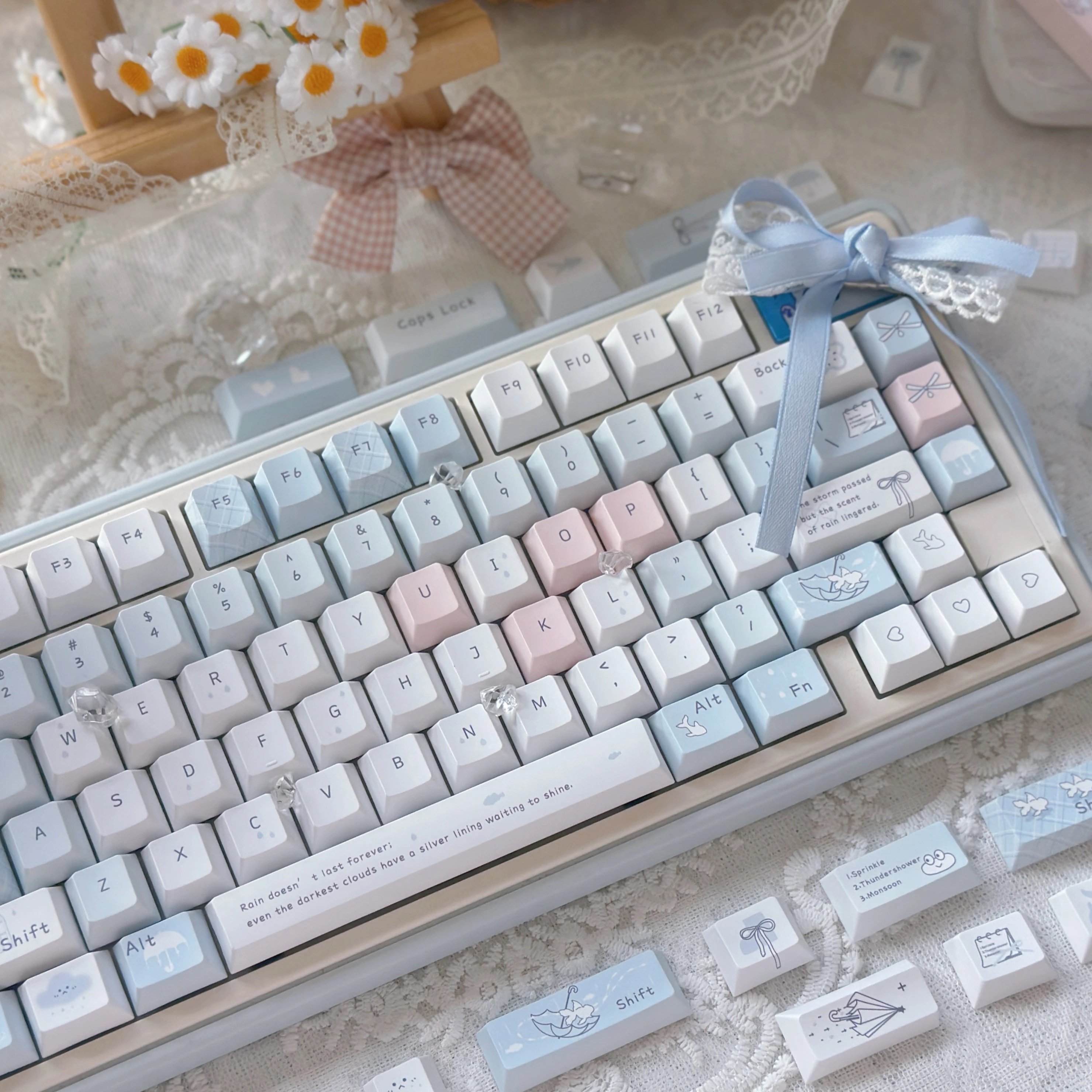 

Blue Rain Keycaps Light Blue Morandi Blue Cherry Pbt Personalized Cute Keycaps 130Keys For Ul F75/F99
