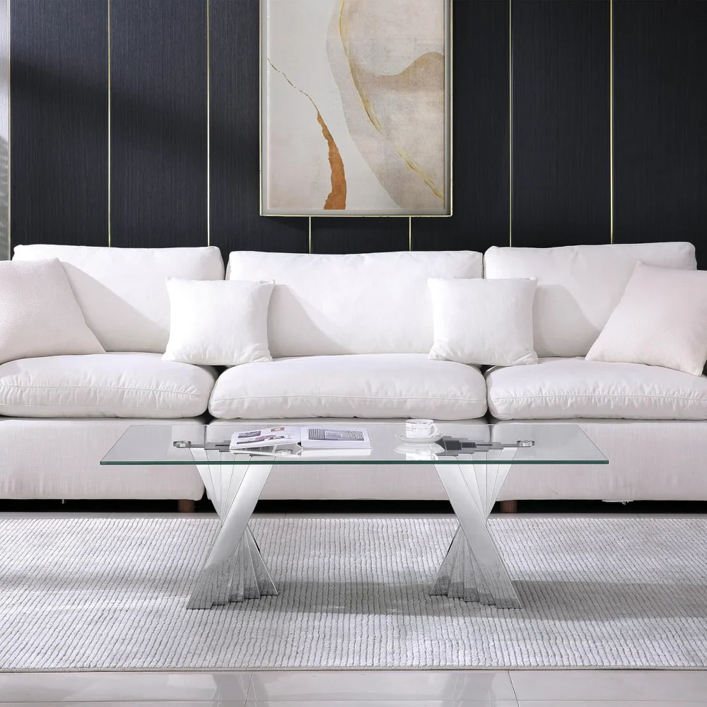 

Modern Rectangular CoffeeTable - Clear Tempered Glass Top with SilverMirror-Finished Stainless Steel Frame,for Living RoomOffice