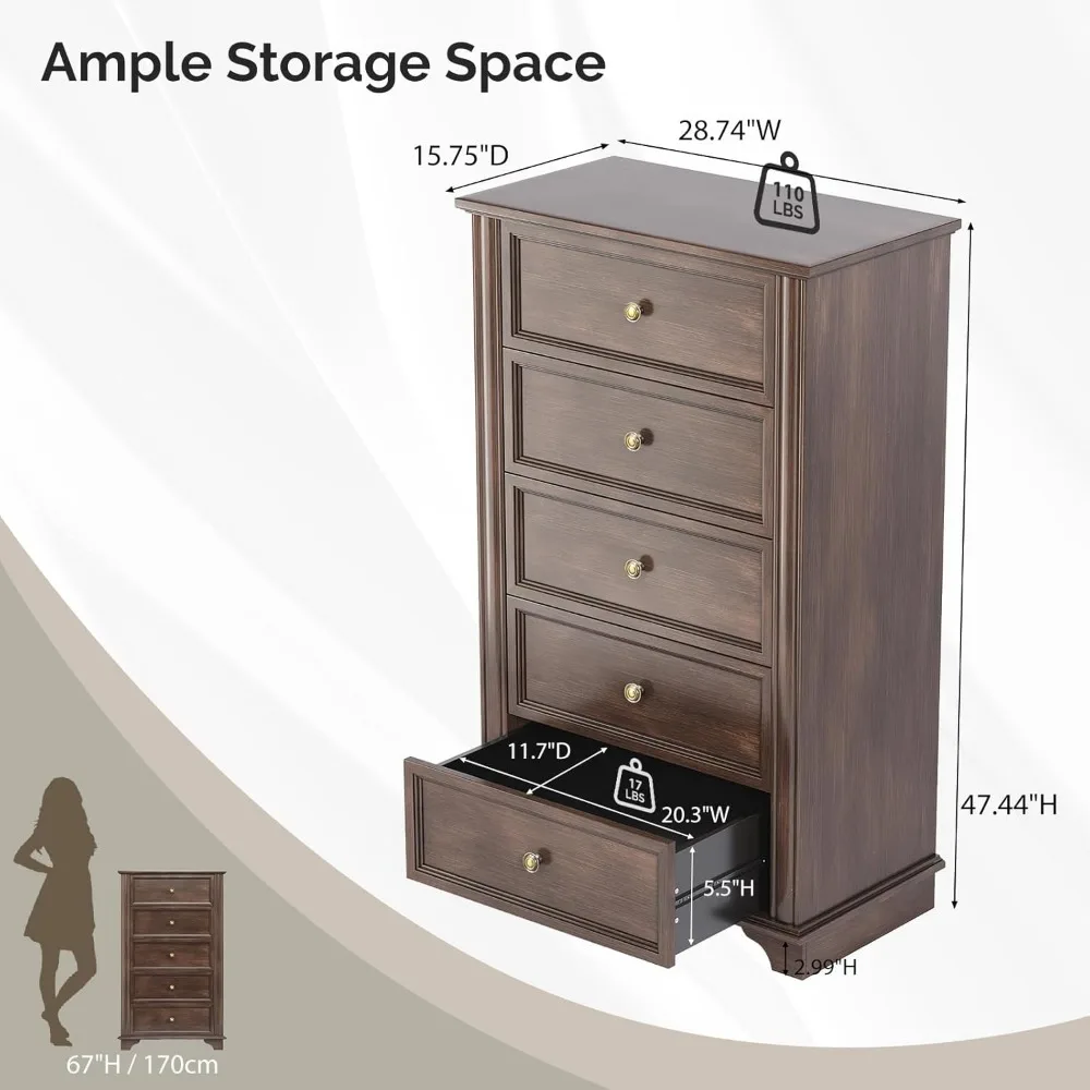 47" Tall 5-Drawer Wooden Dresser 2