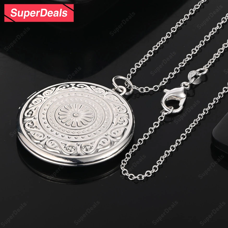 

SuperDeals 925 Sterling Silver Round Engrave Photo Frame Pendant Necklace Women Birthday Party Original Jewelry 16-30 Inch