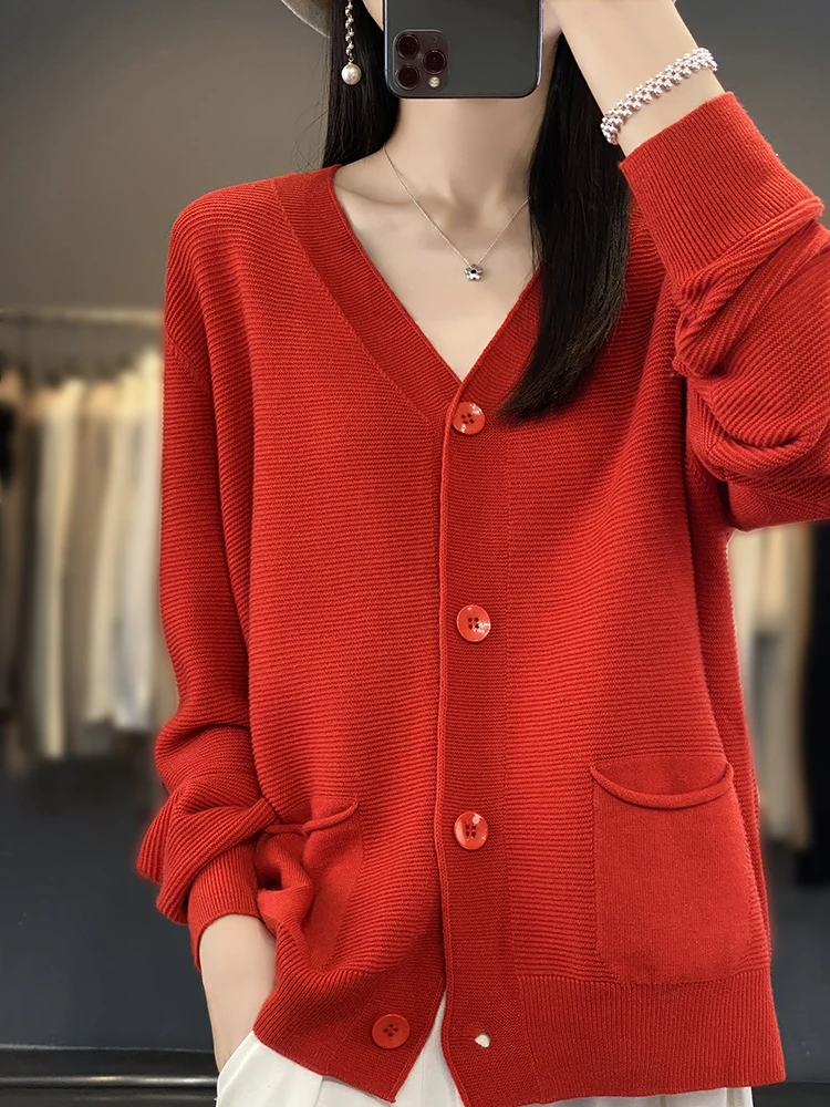 100% Cotton V-neck Cardigan Women\'s Clothing 2024 Spring/Autumn New Knit Sweater Korean Fashion Coat Soft Comfortable Top Female