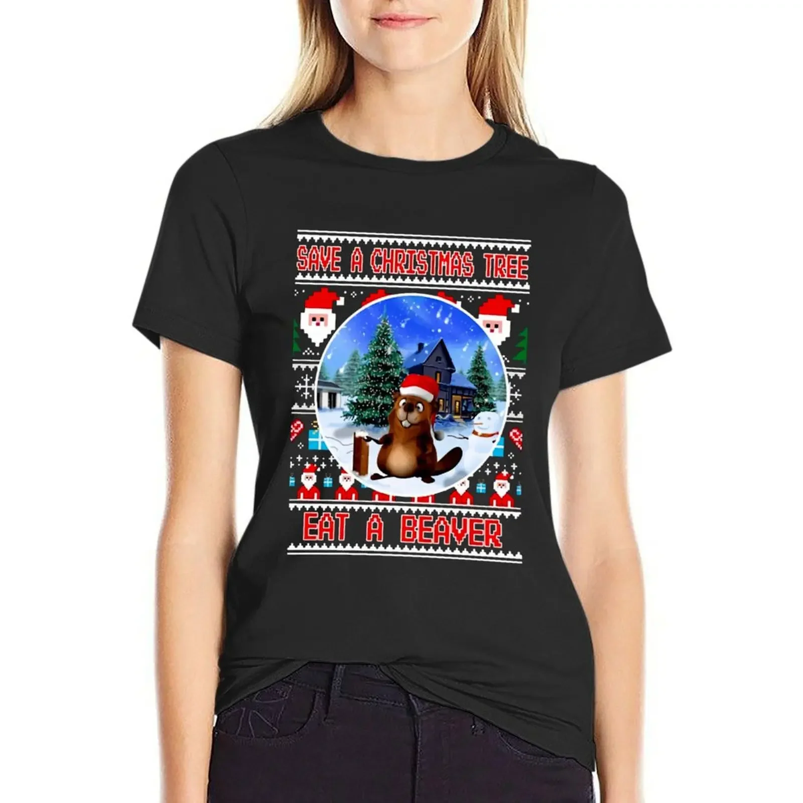 Save a Christmas Tree eat a Beaver Ugly Christmas Sweater T-Shirt plus size tops tops lady clothes Woman clothing