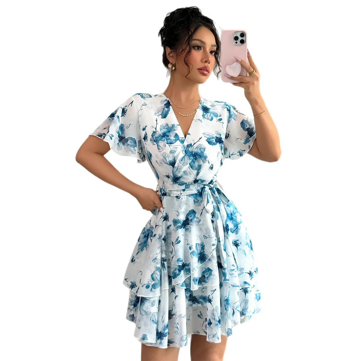 花柄プリントワンピース レディース Vネック 半袖 ミニ丈ワンピース スキニー ハイウエスト レースアップ Aライン エレガント ベスティドス スリム パーティー ナイト