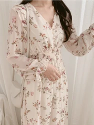 2022 Spring Autumn Long Chiffon Dresses Hot Sales Women Flare Sleeve Slim Elastic Waist A Line Floral Printed Vintage Dress 3323