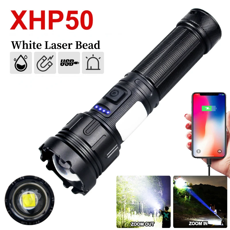 High Power Flashlight with COB Red Side Lamp Type-C Charging Torch Tactical 7 Modes LED Lantern Emergency Zoomable Light