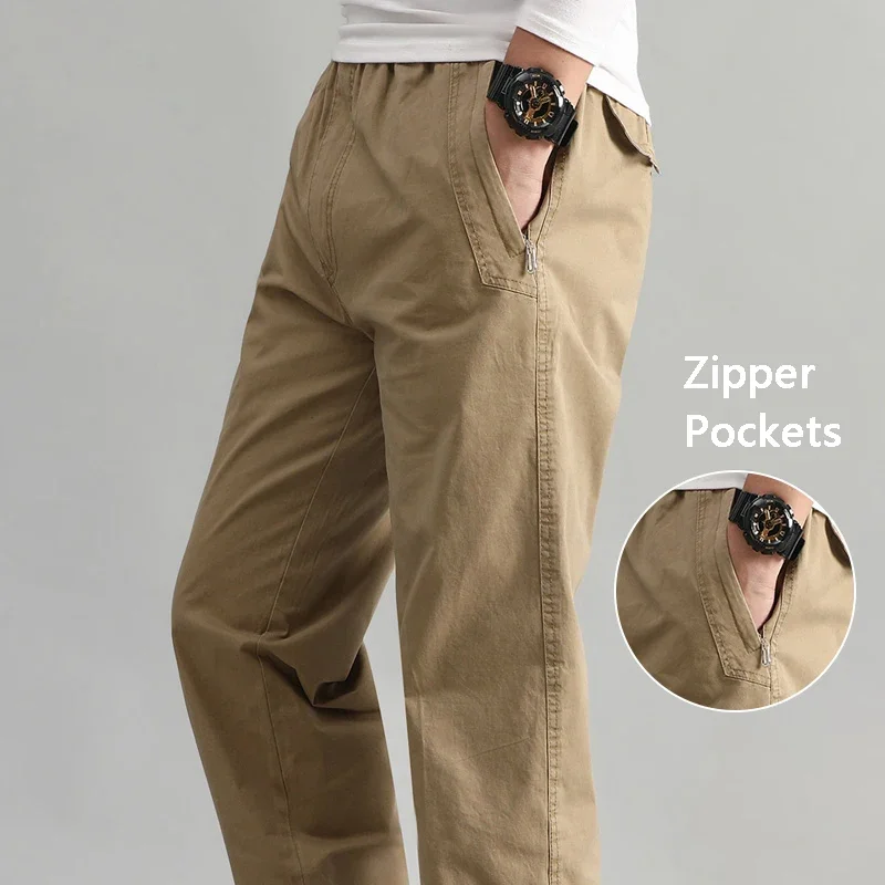 Pantalones informales con bolsillos y cremallera para hombre, Pantalón de algodón de alta calidad, cintura elástica, utilitario deportivo para el