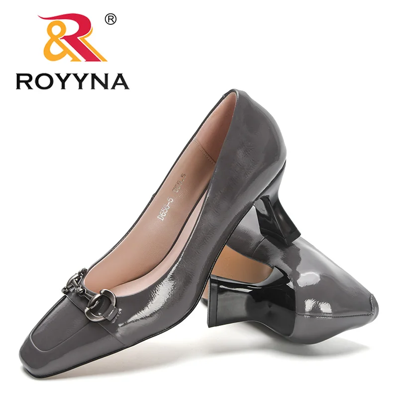 ROYYNA 2023 New Designers Square High Heels Pumps Women Patent Leather Square Toe Ladies Work Metal Decration Shoes Feminimo