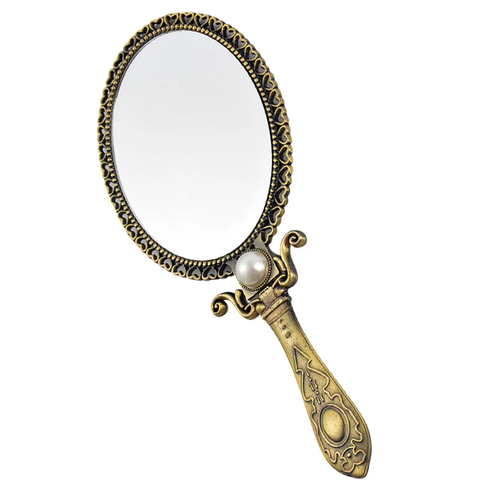 Espelho de maquiagem dupla face estilo retrô, portátil, estrutura de metal, formato oval, decorativo, espelho de beleza para meninas, presentes