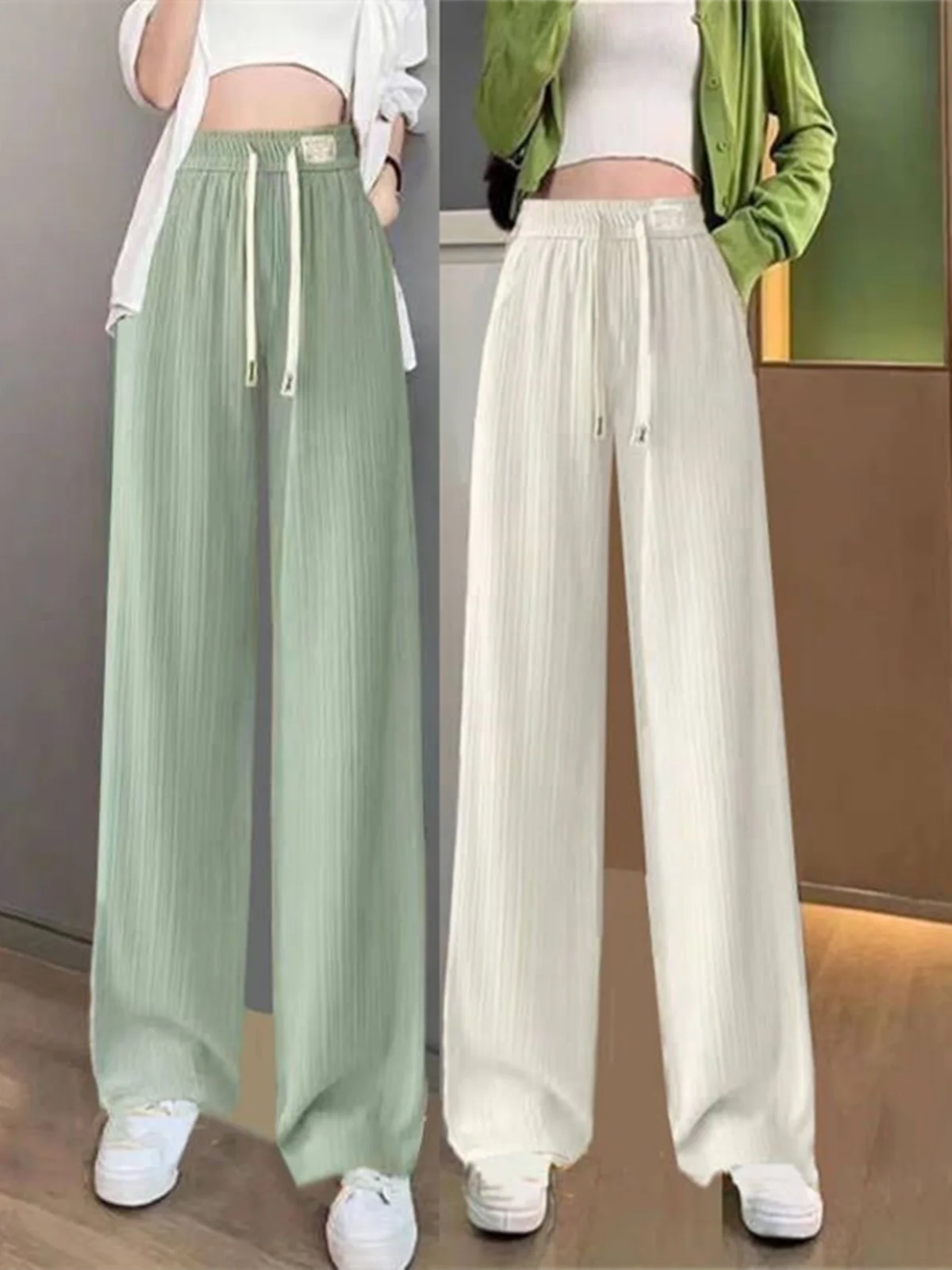 Quali Eisseide-Hose mit weitem Bein für Damen, Sommer, dünn, elastisch, lässig, gerade, koreanische SLE-Hose mit Kette, hohe Taille