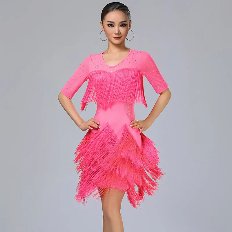Latin Dance Clothing Women Milk Silk Half-Length Sleeves Hot Diamond Multi-Layer Tassels