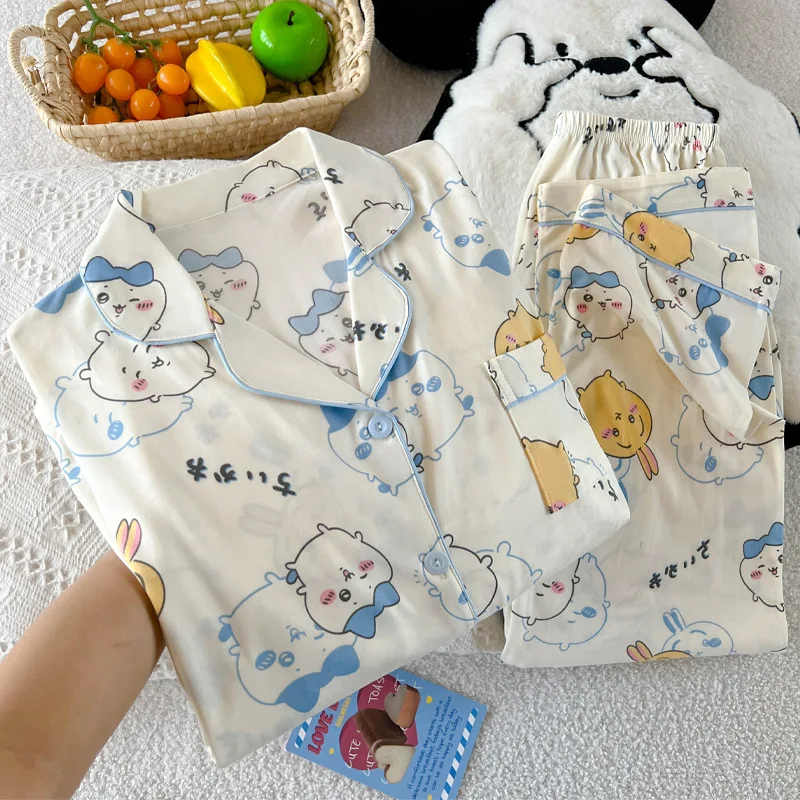 

Женский пижамный костюм Kawaii Usagi Chiikawa, хлопковый осенний повседневный домашний костюм для девочек, милые брюки с длинными рукавами в стиле аниме, ночная рубашка