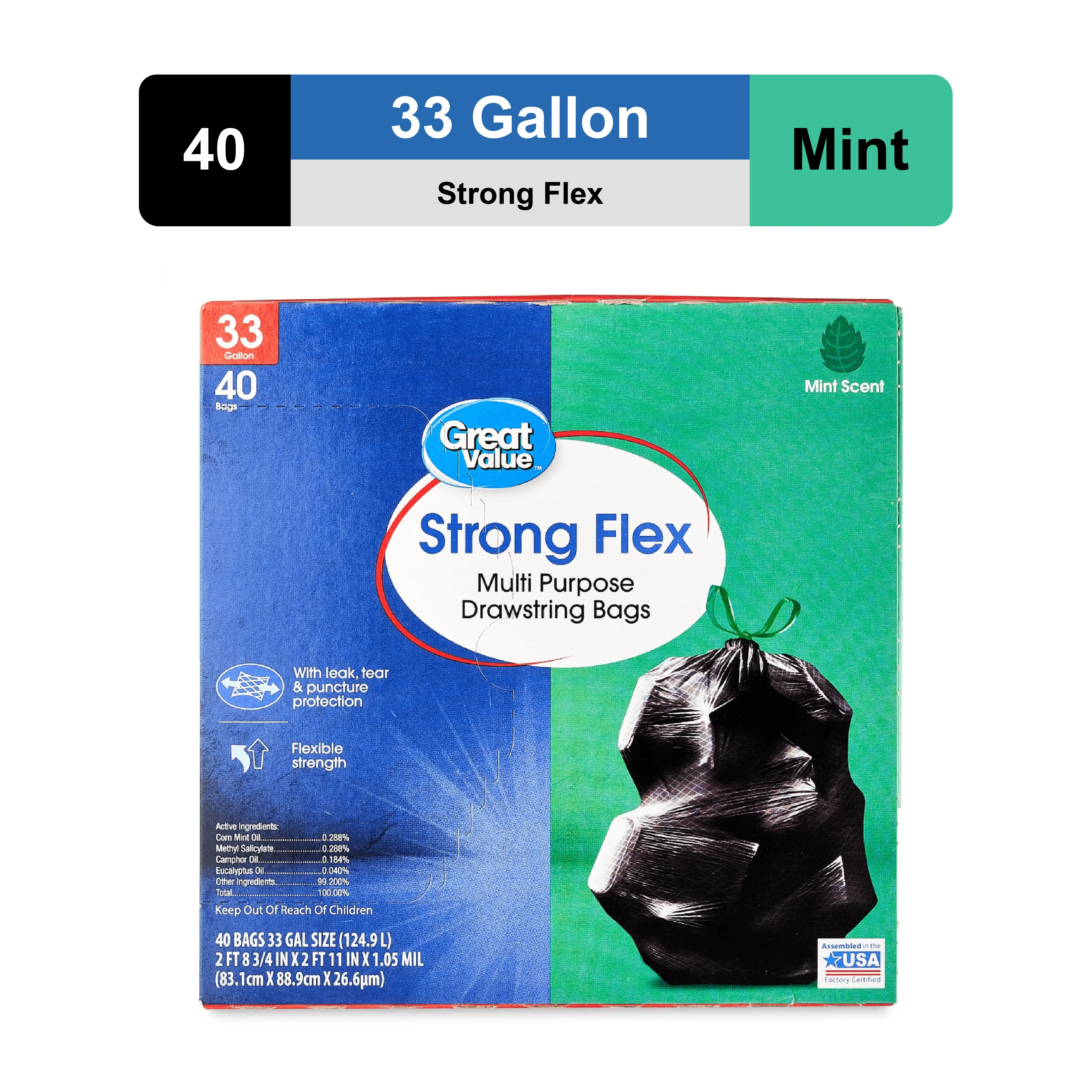 33-Gallon Strong Flex Tall Kitchen Trash Bags, Mint Scent, 40 Bags With leak, tear and puncture protection