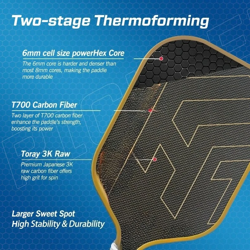 USAPA HTPICK T700 PP 16mm Carbon Fiber-Gold Titanium Pickleball Paddle 3D Stereoscopic Pattern Surface Textured Grip for Power