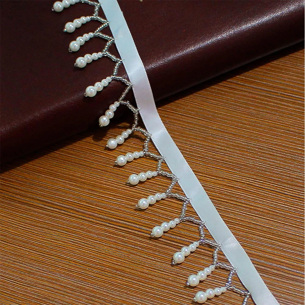 1 Yard Pearl Tassel Beaded Lace Ribbon For DIY Sewing Clothing Edge Craft Curtain Pearl Pendant Tassels Wedding Bridal Headwear