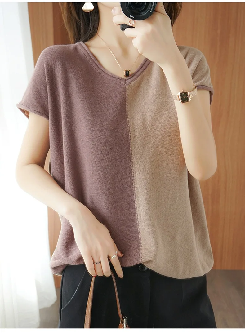 

Summer New Cotton and Hemp Knitted Contrast Panel V-Neck Short Sleeve Loose and Slim Bottom Shirt Thin Women's Top