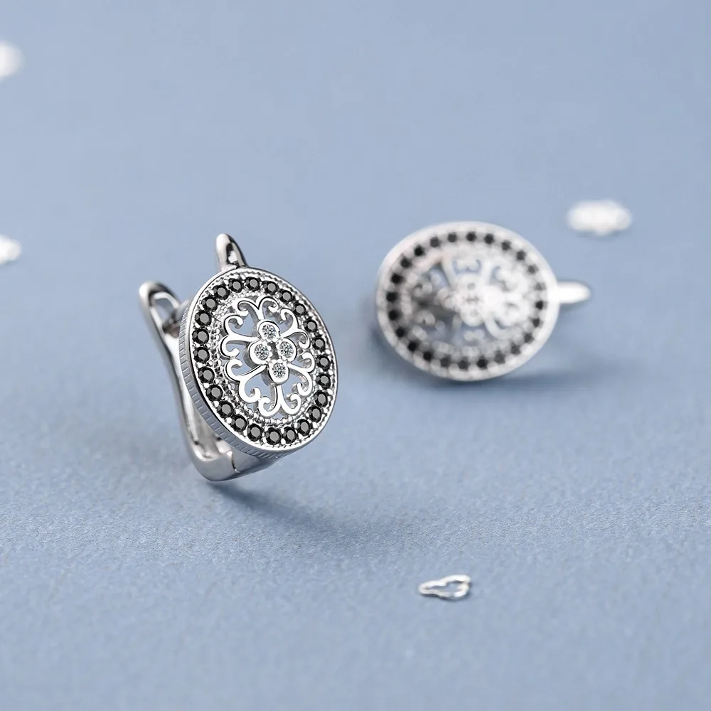 Classic Silver Color Oval Black Trendy Spinel Engagement Hoop Earrings for Women Jewelry Bijoux