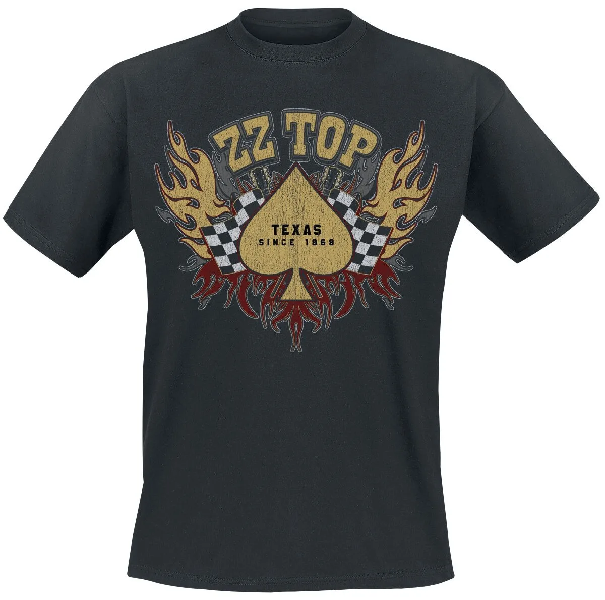 ZZ Top Texas Spade Tee, Rock T-Shirt with Flame & Checkered Flag Print, Rock Fan Merch