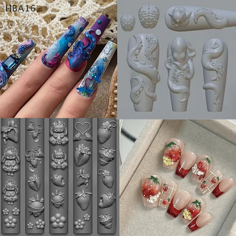 (HBA16) バニー ストロベリー オーシャン オクトパス 3D シリコンモールド DIY ネイルアート デコレーション ウサギ 花 透明モールド マニキュア デザインツール