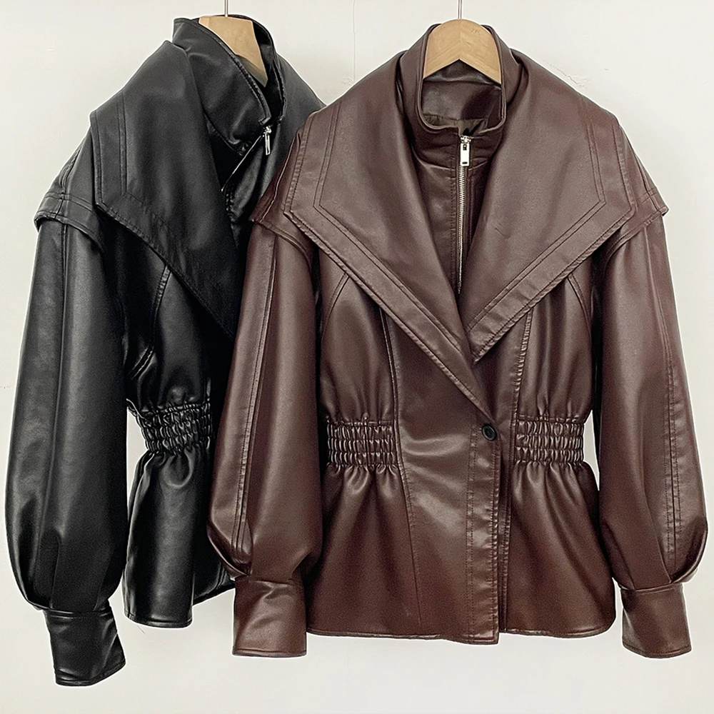 

Women's Faux Leather Jacket Elastic Waist Fitted Leather Jacket Women High Neck Vintage Leather Trench Coat Female Zipper PU