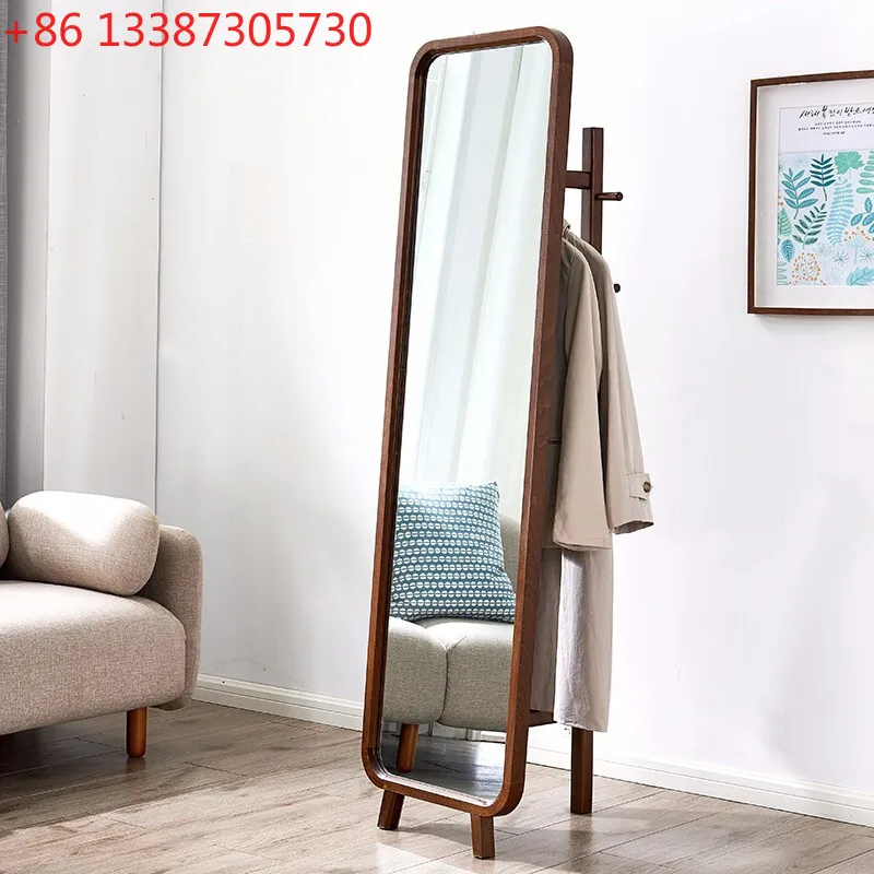 Solid wood dressing household simple modern floor fitting mirror with coat rack