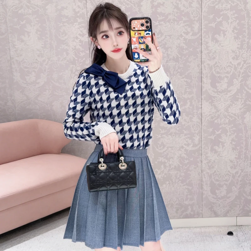 

Вязаный вручную шерстяной свитер с бантом, очаровательный французский стиль, женская мода, весна 2026, эксклюзивно для электронной коммерции