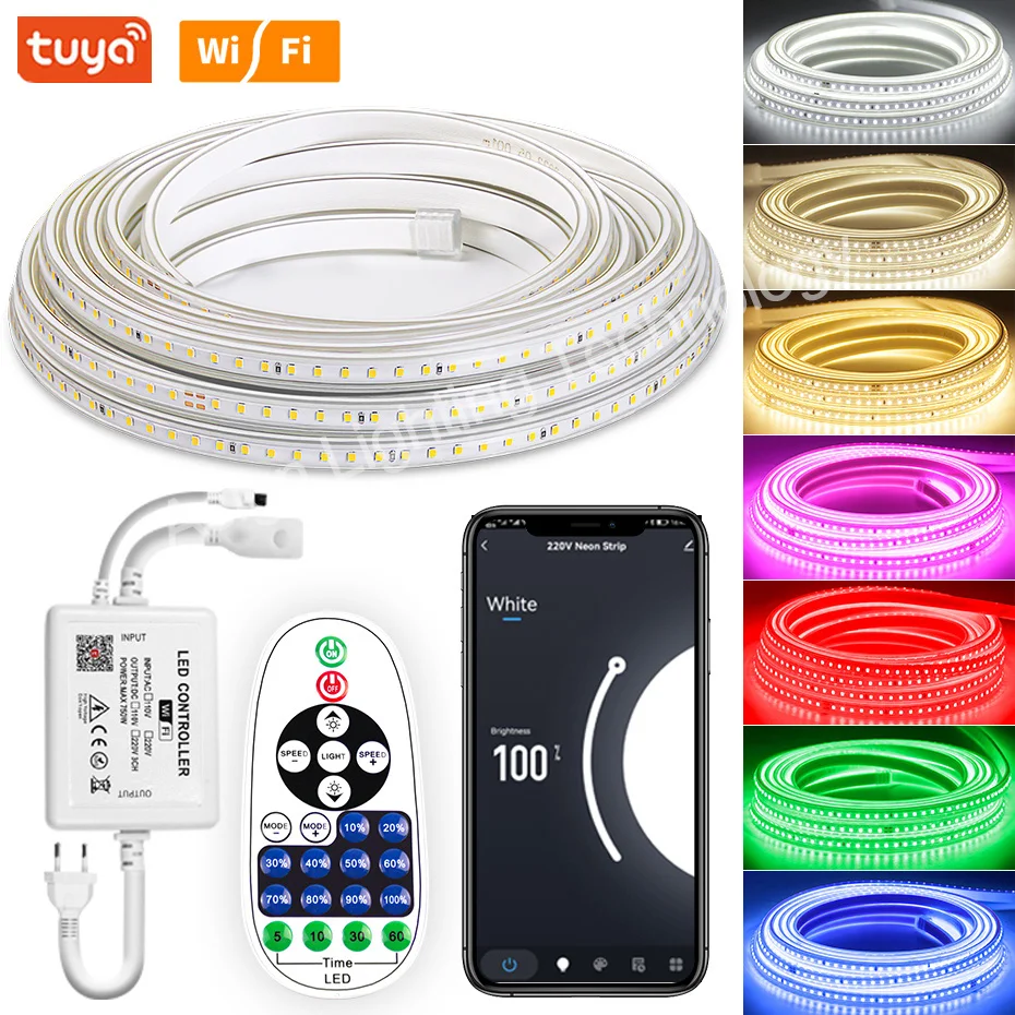 กันน้ำเชื่อม220V แถบไฟ LED 20M 50M 120Leds/M Dimmable Wifi Bluetooth Remote 7สี Led Led Tape