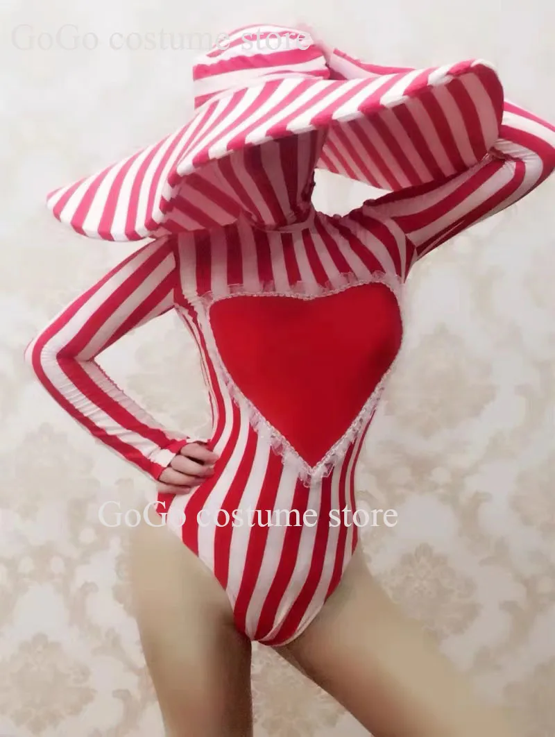 

Red white stripes Sexy women stage dance wear nightclub bar show costumes party bodysuit GOGO costume