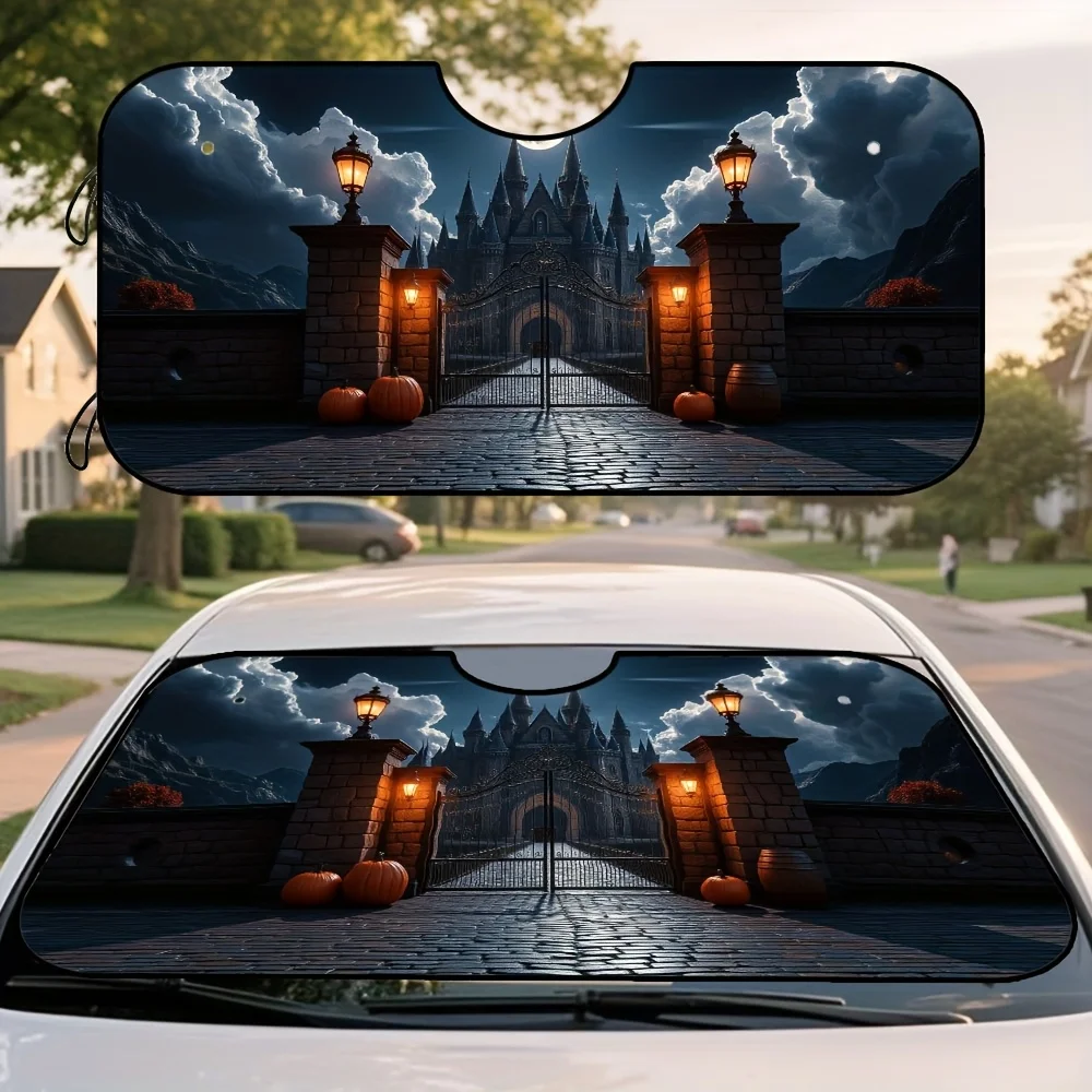 1pc, Portable Halloween Themed Car Sunshade Featuring Halloween Fantasy Castle Dragon Moon Night Pattern, Perfect For Cool Weath