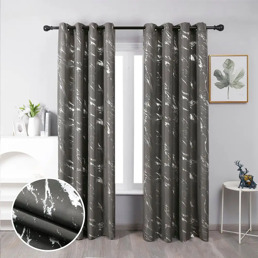 Cortinas con textura de lino con estampado de lámina plateada, cortinas con diseño geométrico de mármol para sala de estar, tratamiento de ventana con filtrado de luz