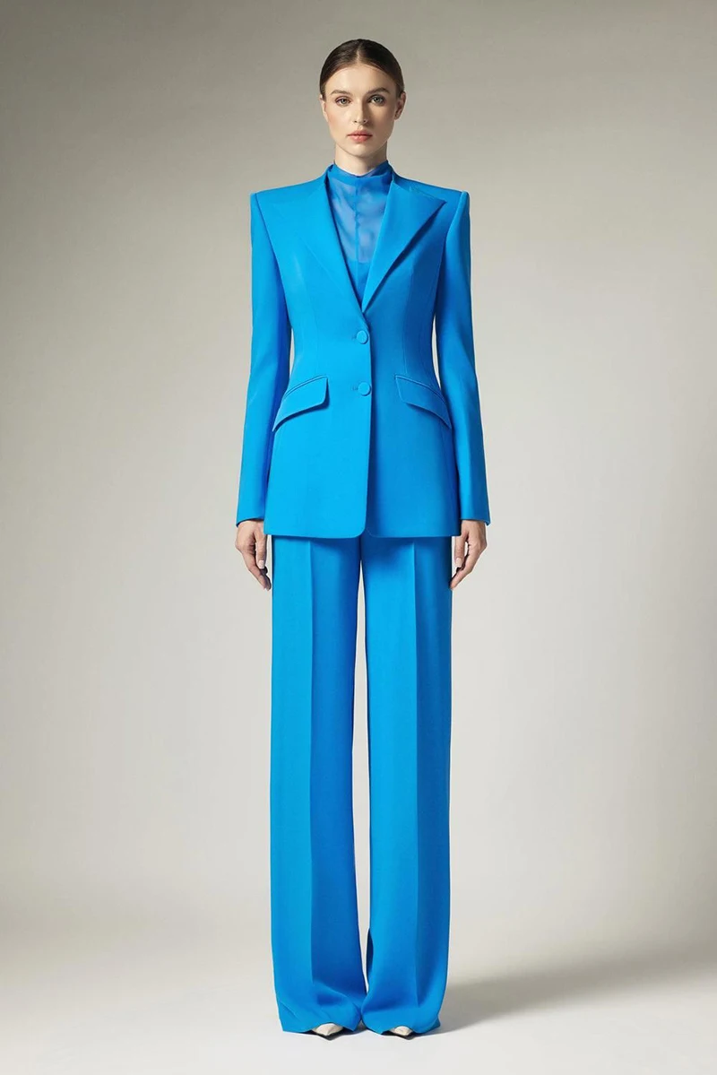 

Business Women Suit Set 2 Piece Blazer Jacket Solid Color Wide Leg Pants Fashion Blue Pantsuits Coat+Trousers Customize