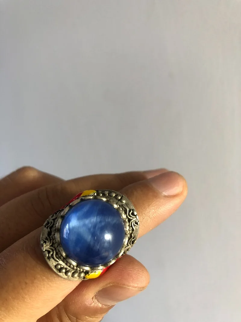 Vintage Old Silver Cloisonne Ring, Inlaid Star Gemstone, Retro Antique‑Style Collectible Statement Finger Jewelry