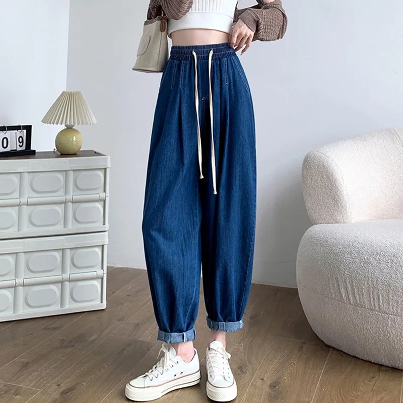 100% Baumwolle Frauen Casual Jeans Neuankömmling Herbst einfachen Stil Grundlagen lose weibliche hohe Taille Denim Harems hose w1897