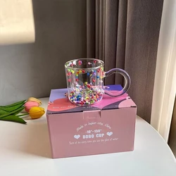 Korean Double Layer Love Quicksand Glass Cup Cute Girl Heart Creative Water Cup Transparent Juice Goblet Beer Glass